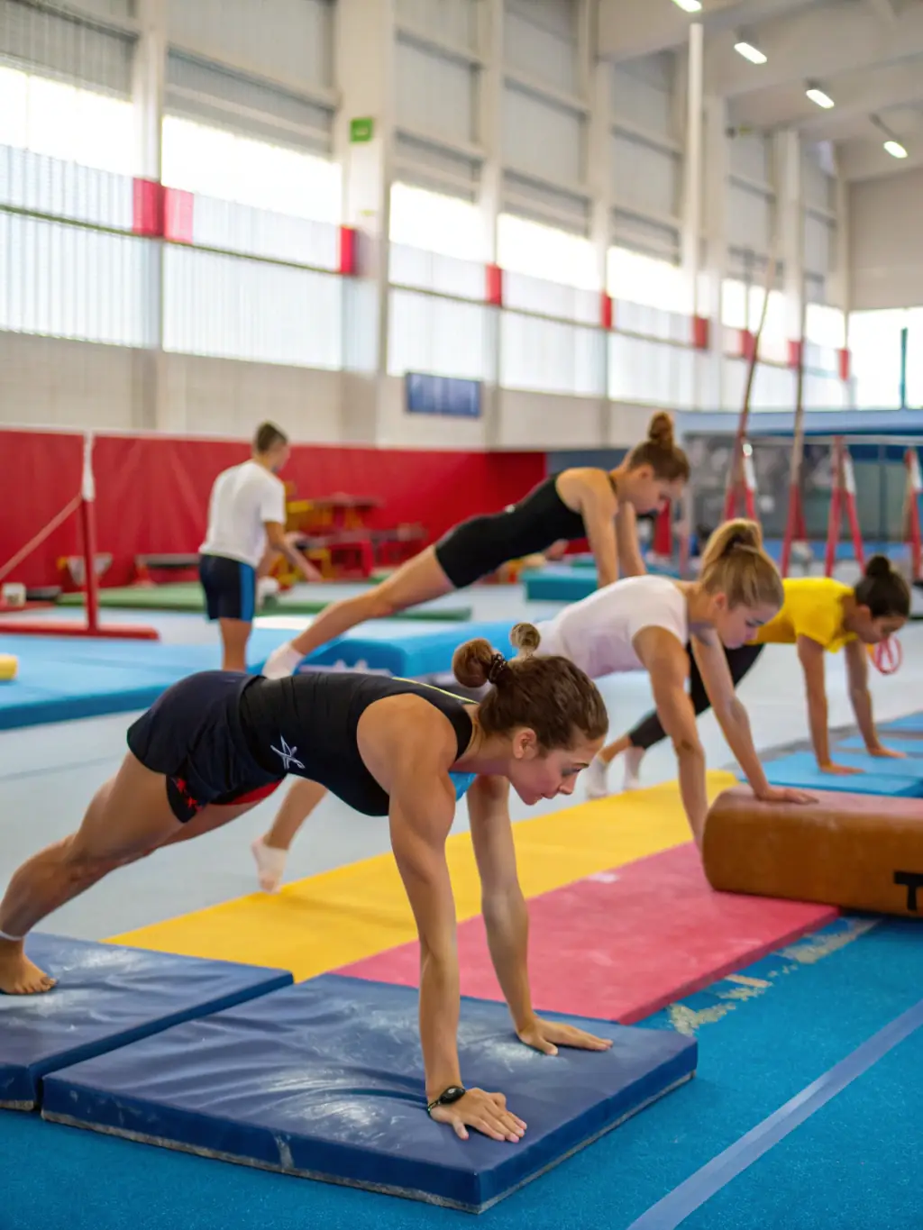 A photograph of advanced gymnasts performing challenging acrobatic moves during a training session at FIT GYM SAINT CHAMAS, highlighting their dedication and expertise.