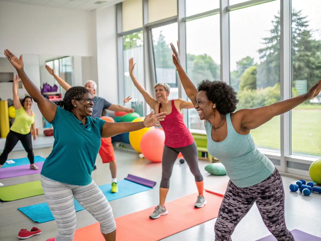 An image of adults participating in a recreational fitness class, emphasizing the inclusive and community-focused environment of FIT GYM SAINT CHAMAS.