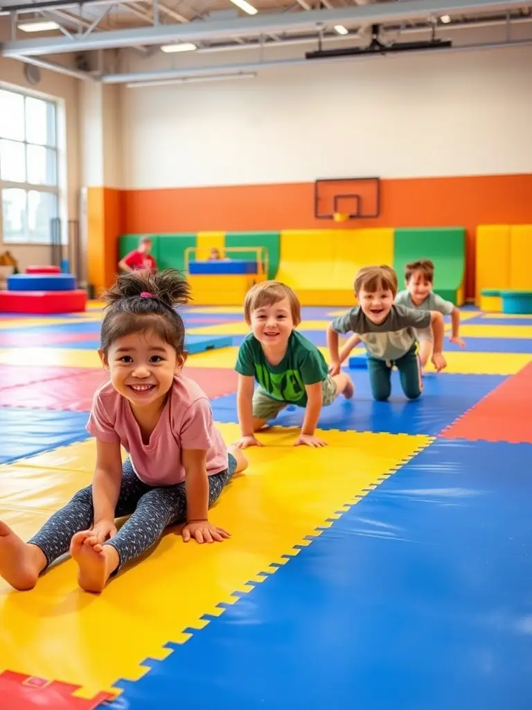 A vibrant image of young children participating in a beginner gymnastics class at FIT GYM SAINT CHAMAS, showcasing their enthusiasm and engagement in the activity.